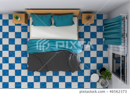 top view of interior bedroom. 3D render top view of interior bedroom. 3D render 46562373