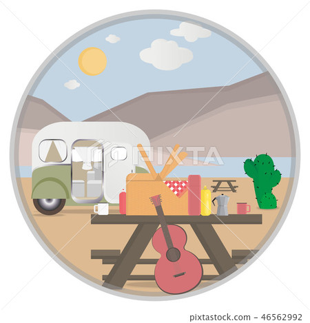 Cartoon outdoor camping illustration in desert Cartoon outdoor camping illustration in desert 46562992