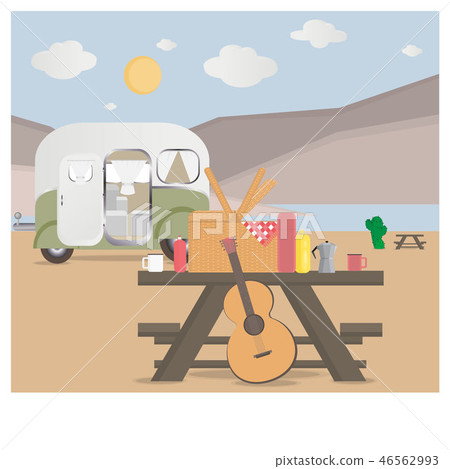Cartoon outdoor camping illustration in desert Cartoon outdoor camping illustration in desert 46562993