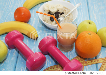 The concept of a healthy diet. Small dumbbells, The concept of a healthy diet. Small dumbbells, 46565113