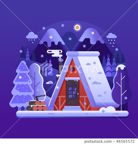 Snowy Winter Log House in Forest 46565572