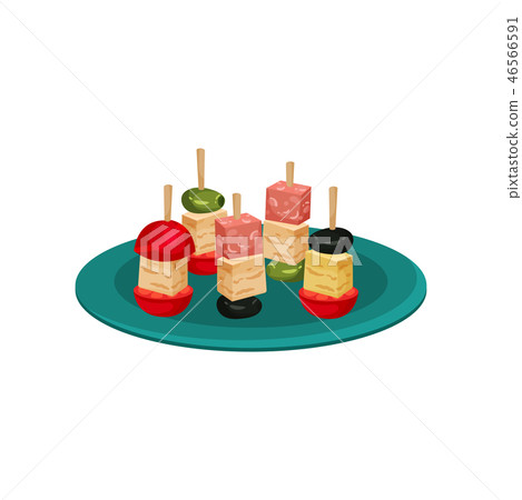 Canape with olives, cherry tomatoes, meat and cheese. Tasty snacks for banquet. Appetizing food Canape with olives, cherry tomatoes, meat and cheese. Tasty snacks for banquet. Appetizing food 46566591