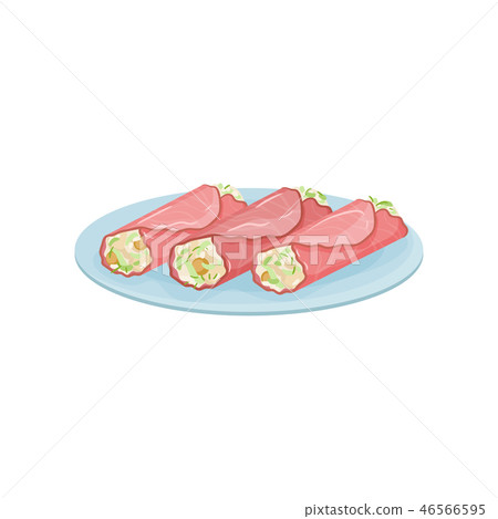 Stuffed ham rolls on blue plate. Tasty snacks for banquet. Food theme. Flat vector design Stuffed ham rolls on blue plate. Tasty snacks for banquet. Food theme. Flat vector design 46566595
