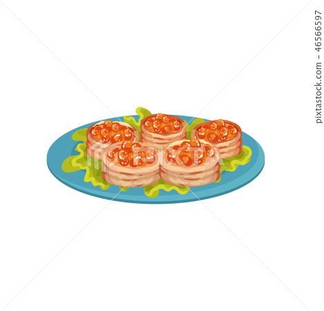 Delicious snacks with red caviar on blue plate. Appetizing food. Flat vector for cafe or restaurant 46566597