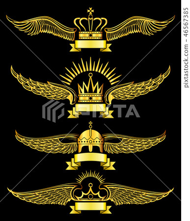 Golden vector wing crown and ribbon royal logo set Golden vector wing crown and ribbon royal logo set 46567385