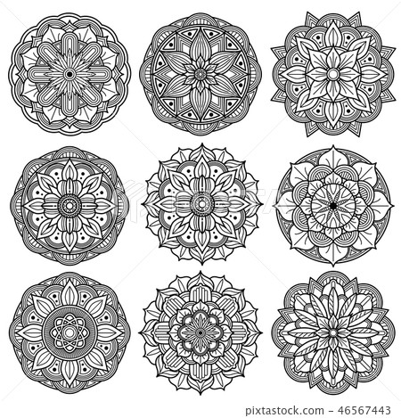 Yoga medallions, meditation mandalas, arabesque pattern vector set Yoga medallions, meditation mandalas, arabesque pattern vector set 46567443