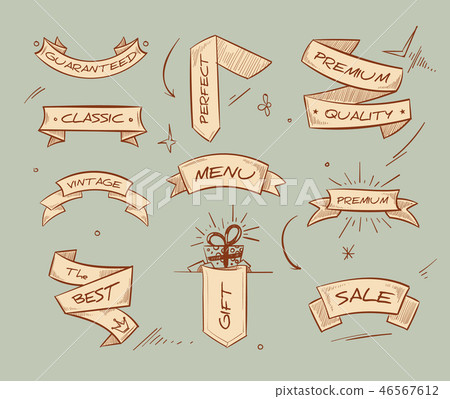 Doodle retro ribbon banners with hand drawn retail selling messages vector collection Doodle retro ribbon banners with hand drawn retail selling messages vector collection 46567612