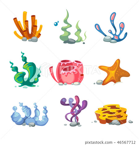 Seaweeds aquarium decoration cartoon vector set for video game 46567712