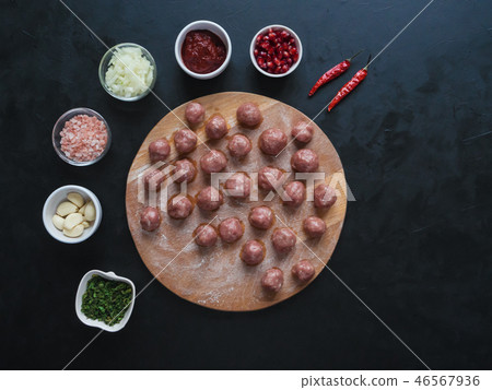 Meat meatballs and a set of ingredients. Meat meatballs and a set of ingredients. 46567936