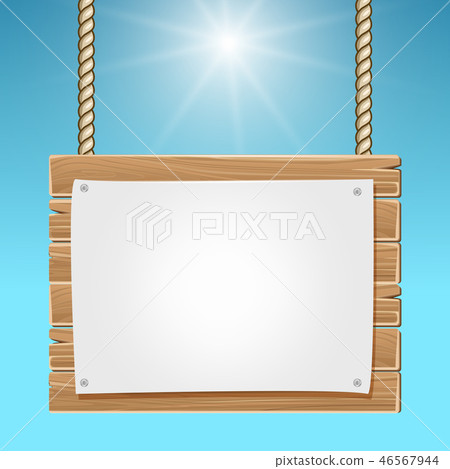 Hanging wooden blank sign board blue sky Hanging wooden blank sign board blue sky 46567944