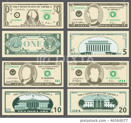 Dollar banknotes, us currency money bills vector set. 46568077