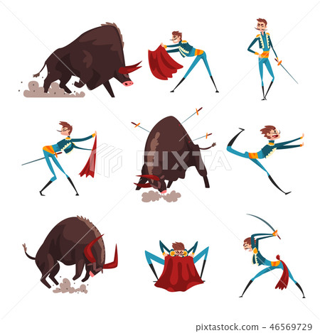 Toreador with red cape and sword fighting with furious black bull set, bullfighting, corrida 46569729