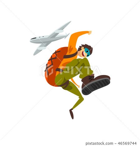 Paraschutist jumping out of an airplane, skydiving, parachuting extreme sport vector Illustration on 46569744