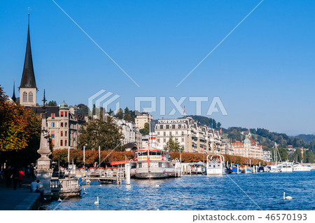 Lake Lucerne shoreline with sightseeing boats Lake Lucerne shoreline with sightseeing boats 46570193