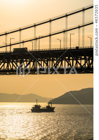 <Okayama Prefecture> Evening view of the Seto Inland Sea and Seto Ohashi <Okayama Prefecture> Evening view of the Seto Inland Sea and Seto Ohashi 46572635