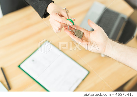 Business, realtor and people concept - Important documents for signature real estate purchase deal Business, realtor and people concept - Important documents for signature real estate purchase deal 46573413
