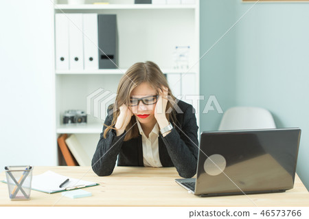 Stress, office, hysteric, people concept - aggressive woman with a lot of work in office Stress, office, hysteric, people concept - aggressive woman with a lot of work in office 46573766