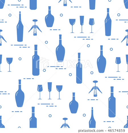 Pattern of wine glasses, bottles, corkscrew 46574859