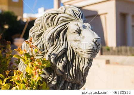 Stone lion statue. Marble Sculpture of a lion on pedestal 46580533