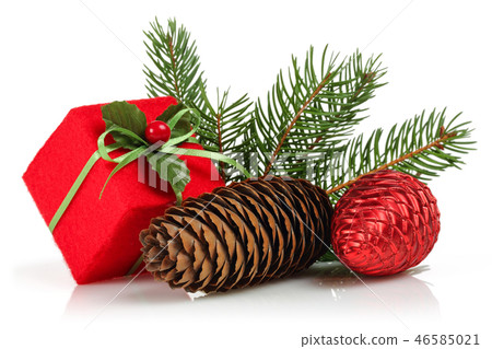 Red gift box, pine cones and spruce branches Red gift box, pine cones and spruce branches 46585021