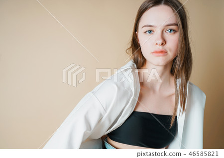 Fashion model beautiful nude girl in white shirt 46585821