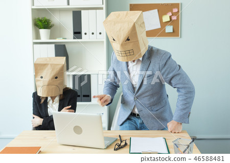 Business, emotions and people concept - woman and man wearing the packages on their heads with Business, emotions and people concept - woman and man wearing the packages on their heads with 46588481