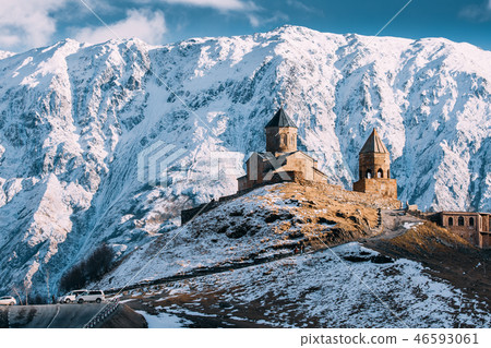 Stepantsminda, Georgia. Famous Gergeti Trinity Tsminda Sameba Ch Stepantsminda, Georgia. Famous Gergeti Trinity Tsminda Sameba Ch 46593061