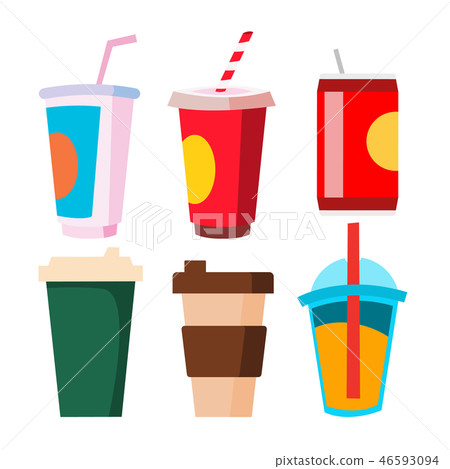Takeaway Drink Set Vector. Cup, Mug With Coffee, Juice, Soda. Cold And Hot Tasty Beverage. Isolated Takeaway Drink Set Vector. Cup, Mug With Coffee, Juice, Soda. Cold And Hot Tasty Beverage. Isolated 46593094