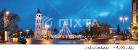 Vilnius, Lithuania. Christmas Tree On Background Bell Tower Belf 46593325