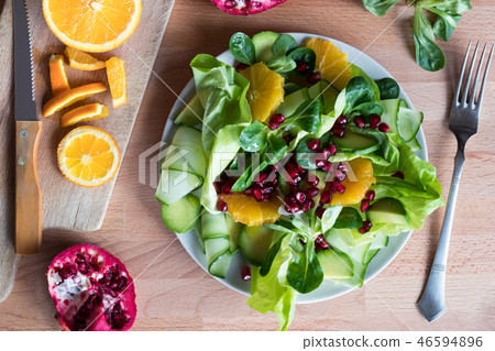 Fruit and vegetable salad, top view Fruit and vegetable salad, top view 46594896