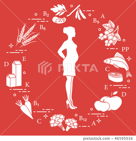 Pregnant woman and foods rich in vitamins 46595016
