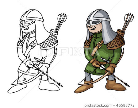Cartoon medieval archer with bow and arrows, isolated on white background Cartoon medieval archer with bow and arrows, isolated on white background 46595772