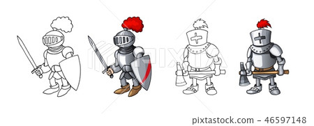 Cartoon medieval confident armed knights, isolated on white background colorings Cartoon medieval confident armed knights, isolated on white background colorings 46597148