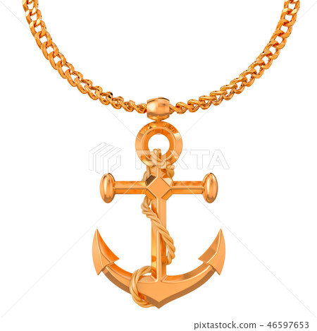 Gold anchor on golden chain, 3D rendering Gold anchor on golden chain, 3D rendering 46597653