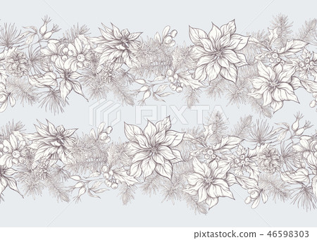 Fir Branches and flowers seamless pattern 46598303