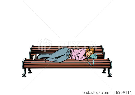 young woman sleeping on a bench. homeless young woman sleeping on a bench. homeless 46599114