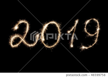 Happy New Year 2019 inscription sparklers . Happy New Year 2019 inscription sparklers . 46599758