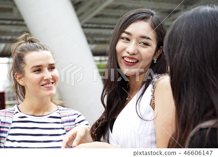 Beautiful woman smile and happy traveling in city. Beautiful woman smile and happy traveling in city. 46606147