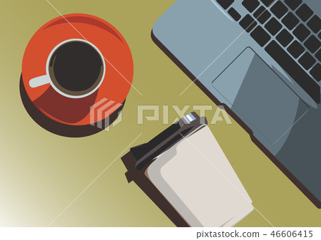 Top view image a cup of coffee and a paper cup with a lid for to go and laptop on table, flat line vector and illustration. 46606415