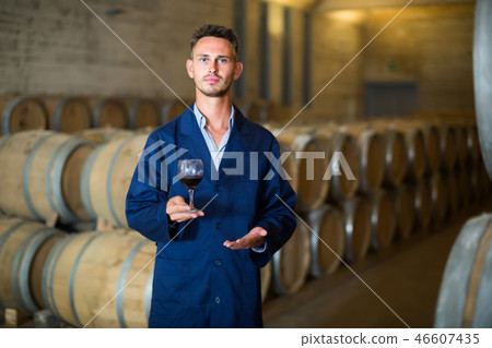 winery employee with wine sample in glass . winery employee with wine sample in glass . 46607435