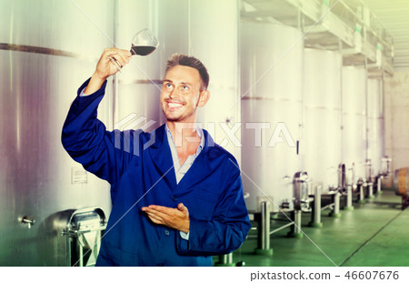 Man worker standing with glass of wine in fermenting section on winery 46607676