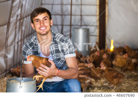 portrait of man farmer with chicken on poultry farm indoors 46607690