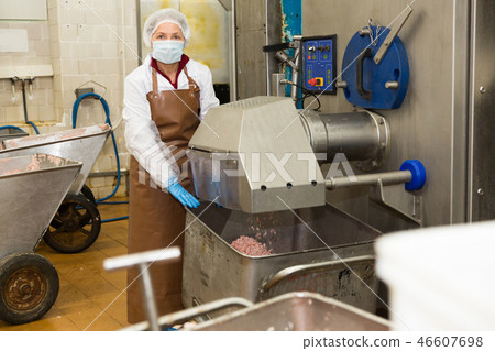 Woman checking meat mincing machine 46607698