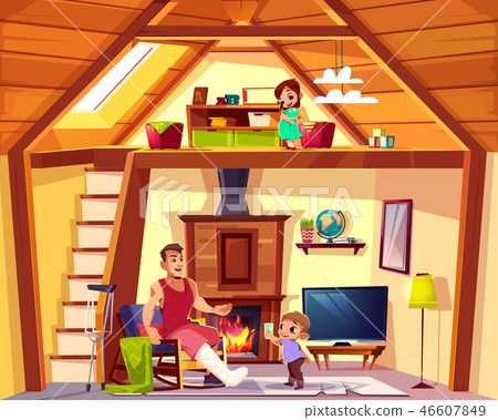 Vector house cross section with disabled father Vector house cross section with disabled father 46607849