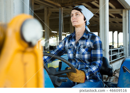 Smiling woman farmer in the car at the cow farm Smiling woman farmer in the car at the cow farm 46609516