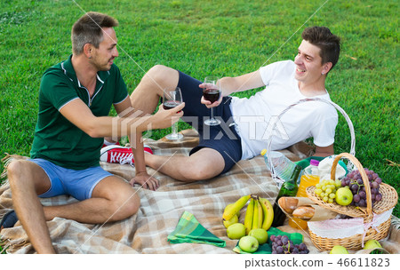 Two males friends gaily spending time together on picnic drinking wine Two males friends gaily spending time together on picnic drinking wine 46611823