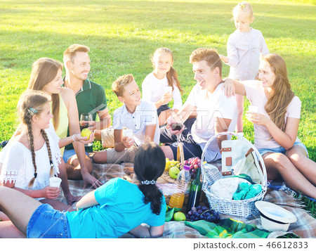 Portrait of parents with children on picnic in nature at summer Portrait of parents with children on picnic in nature at summer 46612833