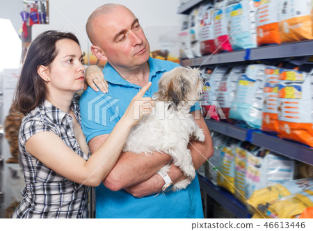 Positive couple with dog buying food for dogs Positive couple with dog buying food for dogs 46613446