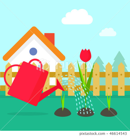 Garden vector illustration, cartoon village with house Garden vector illustration, cartoon village with house 46614543