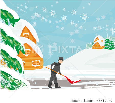 Man shoveling snow on winter landscape Man shoveling snow on winter landscape 46617229